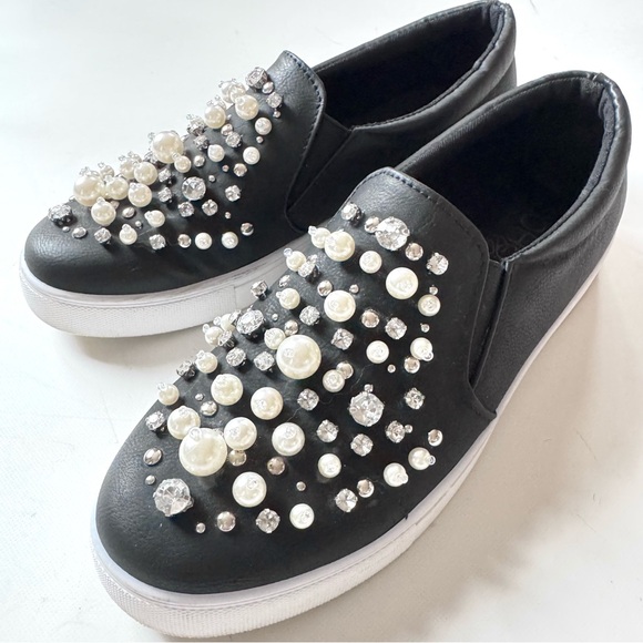 Black Faux Leather Slip On Loafers Embellished with Faux Pearls and Rhinestones - Picture 2 of 12